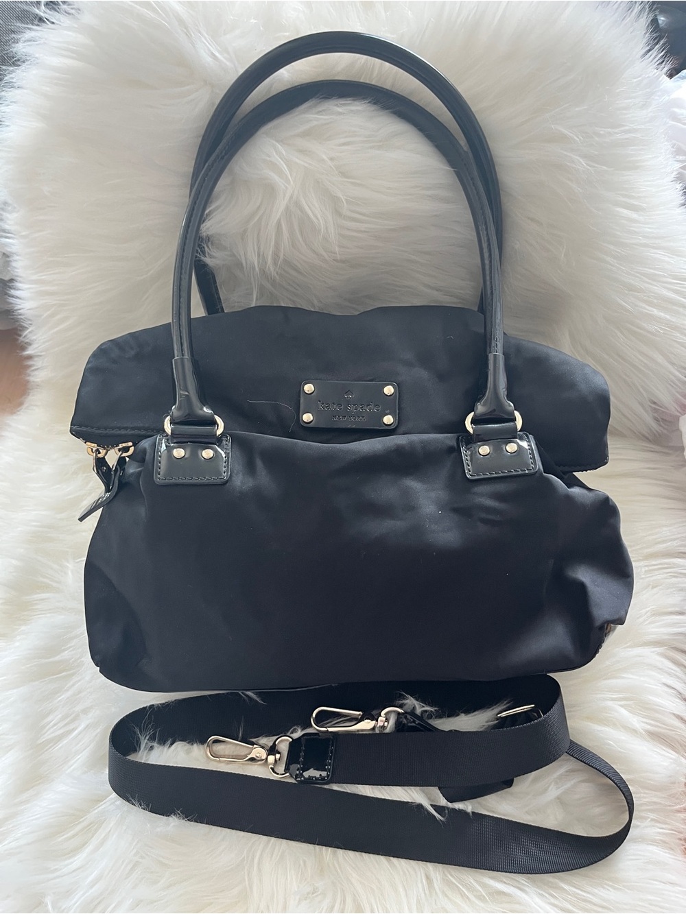 Kate Spade Black Nylon Satchel tote w Crossbody strap + deep back pocket 13x10x5